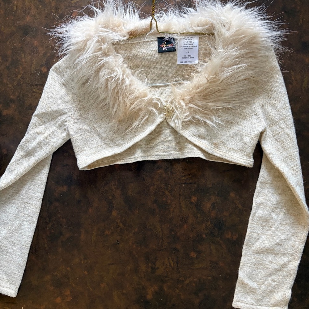 Cream Faux Fur Collar Kids Top